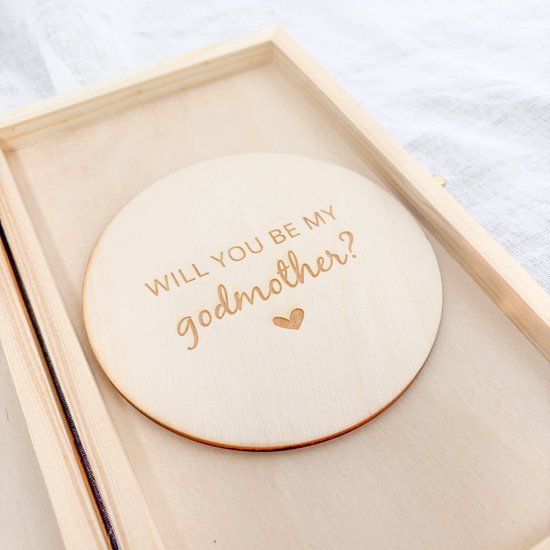 Will you be my godmother - aankondigingsdoosje met cirkel - zwangerschapsaankondiging - vertellen dat je zwanger bent - houten cirkel — afbeelding 3