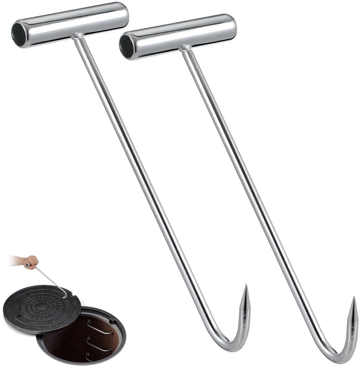 Dailygoods- Schachtdeksel Haak - 2 Stuks - Robuust/IJzer - Eenvoudig te Gebruiken - Handgreep - Afvoer Rooster Lifter