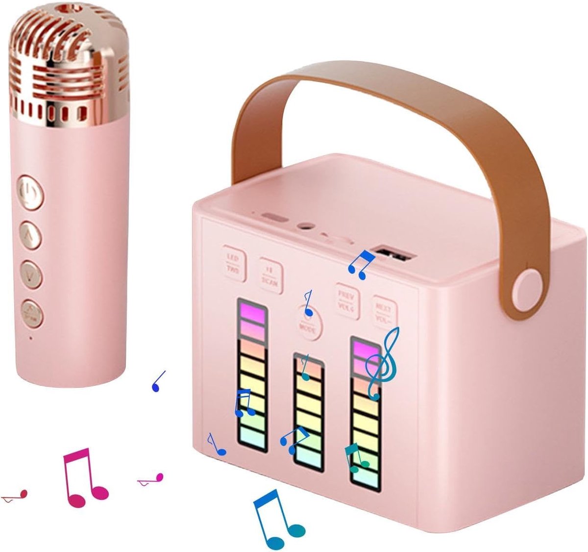 Sander Shop Karaokemachine voor kinderen, luidsprekermicrofoonset, karaoke-microfoonmachine, draagbare karaoke-luidspreker met microfoon en draadloze verlichting, led-verlichting voor kinderen(Roze)