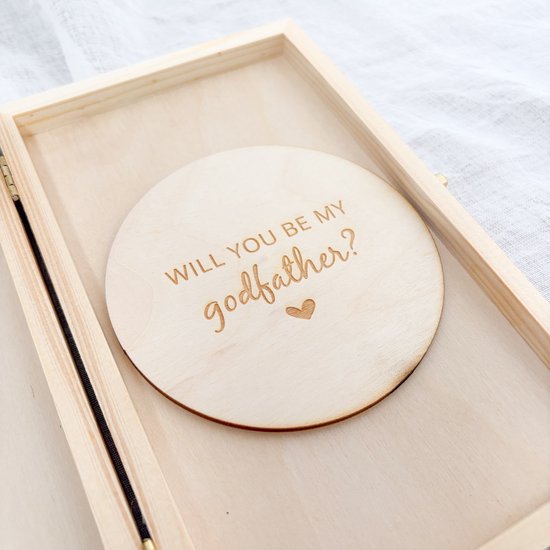 Will you be my godfather - aankondigingsdoosje met cirkel - zwangerschapsaankondiging - vertellen dat je zwanger bent - houten cirkel — afbeelding 3