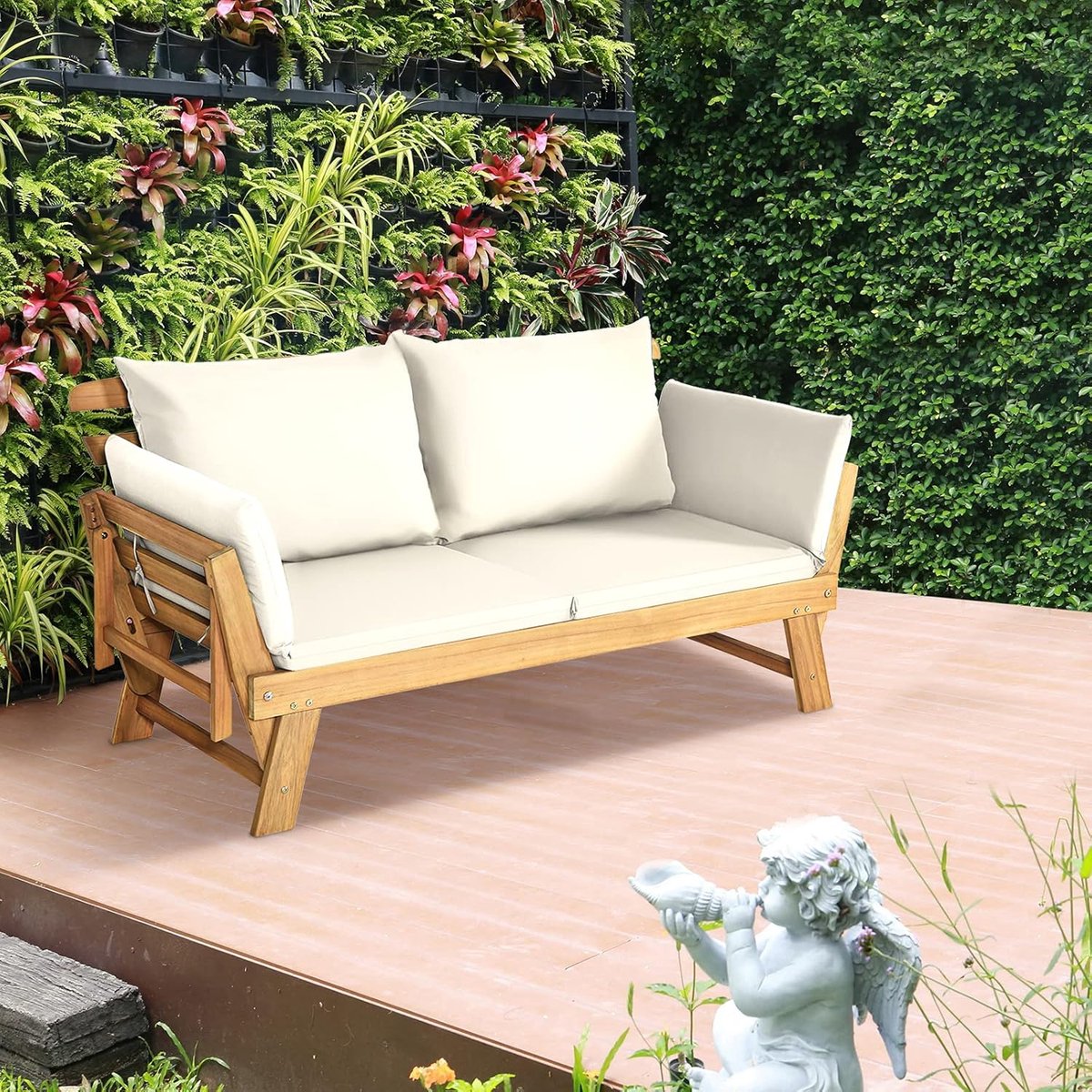 Houten Tuinbank met Ligfunctie 198 x 75 x 75 cm Acaciahouten 2-3 Zits Loungesofa met Verstelbare Armleuningen, Inclusief Grijze Kussens, Omvormbaar tot Ligbed voor Tuin, Terras en Balkon Grijs - Mobili Bella