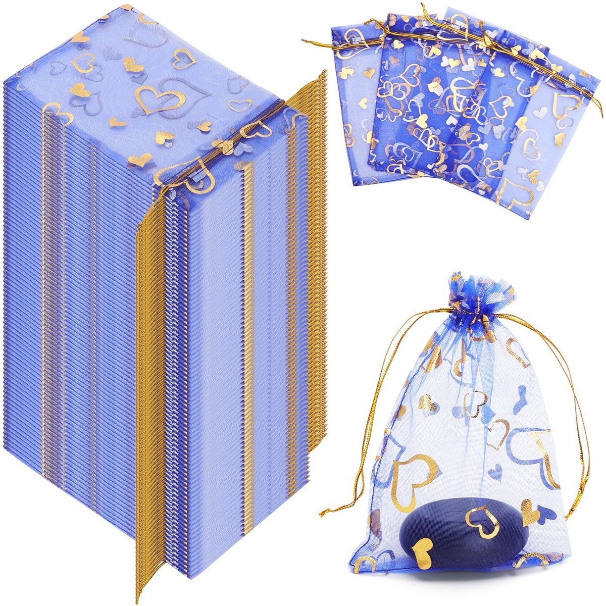 Dailygoods- Organza Zakjes Blauw met Hartpatroon - 100 Stuks - Kleine Geschenkzakjes - Bruiloft/Gastgeschenken - Sieradenzakjes met Trekkoord - 16 x 11 cm - Cadeauzakjes