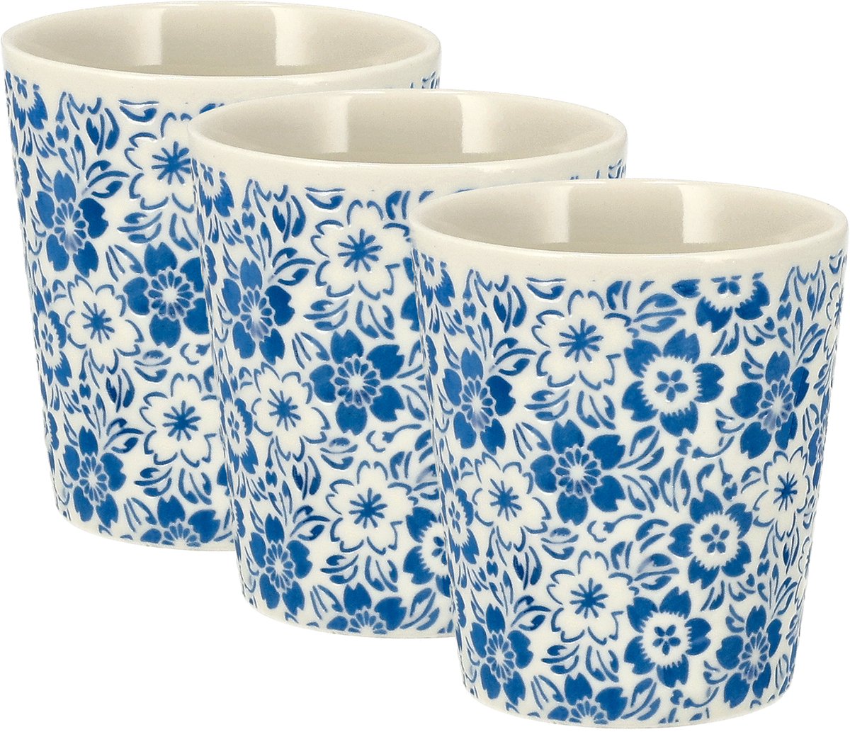 Koffiekopjes Set van 3 – Keramische Mokken Zonder Oor 200 ml – Blauw Wit Espresso Kopjes - Bloemen Patroon Cappuccino Kopjes, en Theekopjes