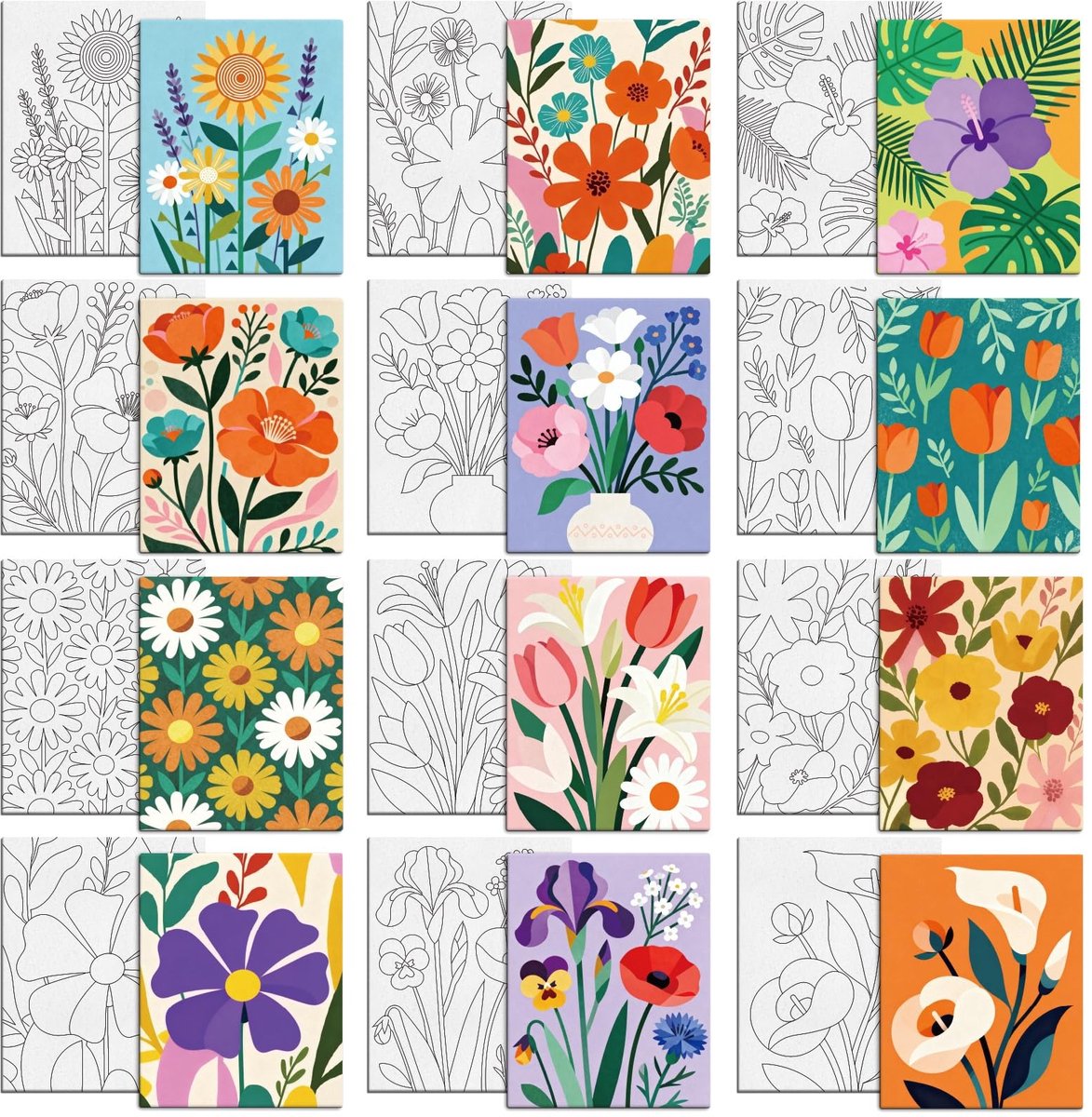 Dailygoods- Canvas 12 Stuks Voorgetekend - Bloementhema - Romige Stijl - Schilderbenodigdheden - 25x20 cm - Voor Beginners - Schilderdoek