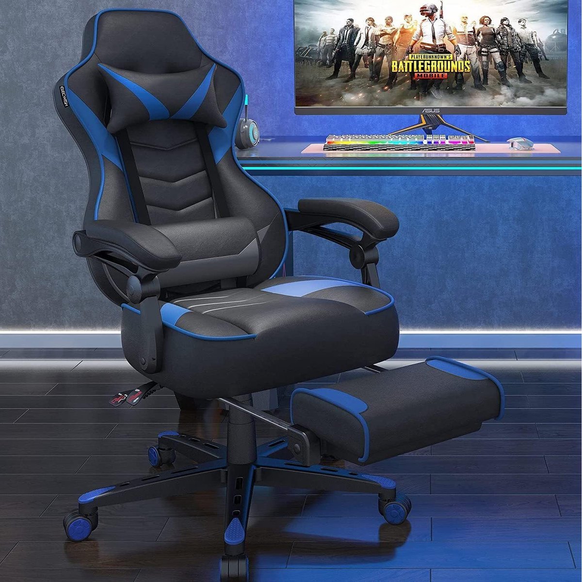 Puluomis - Gaming Stoel - 135° Verstelbare Rugleuning - Gaming Stoel met inklapbare Voetsteun - racerstijl - Geïntegreerde Armleuningen - Maximale Belastbaarheid 150kg - Blauw