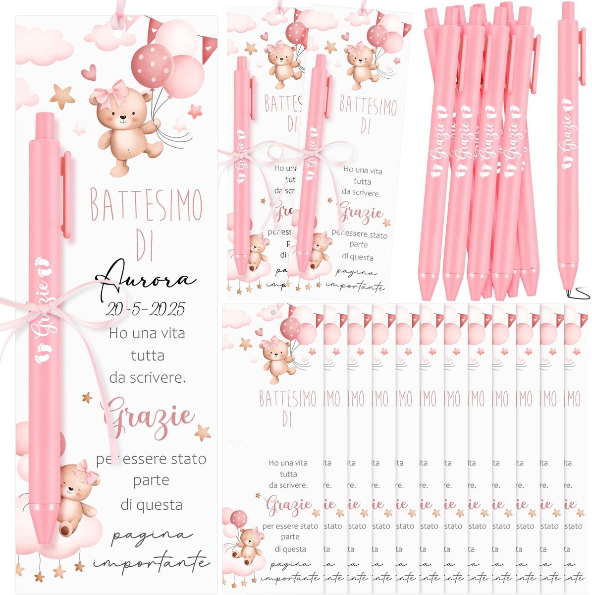 Dailygoods- Doopkaartjes 30 Stuks - Bedankjes Meisjes - Tafeldecoratie - Bladwijzers met Balpen - Roze Lint - Gecoat Papier