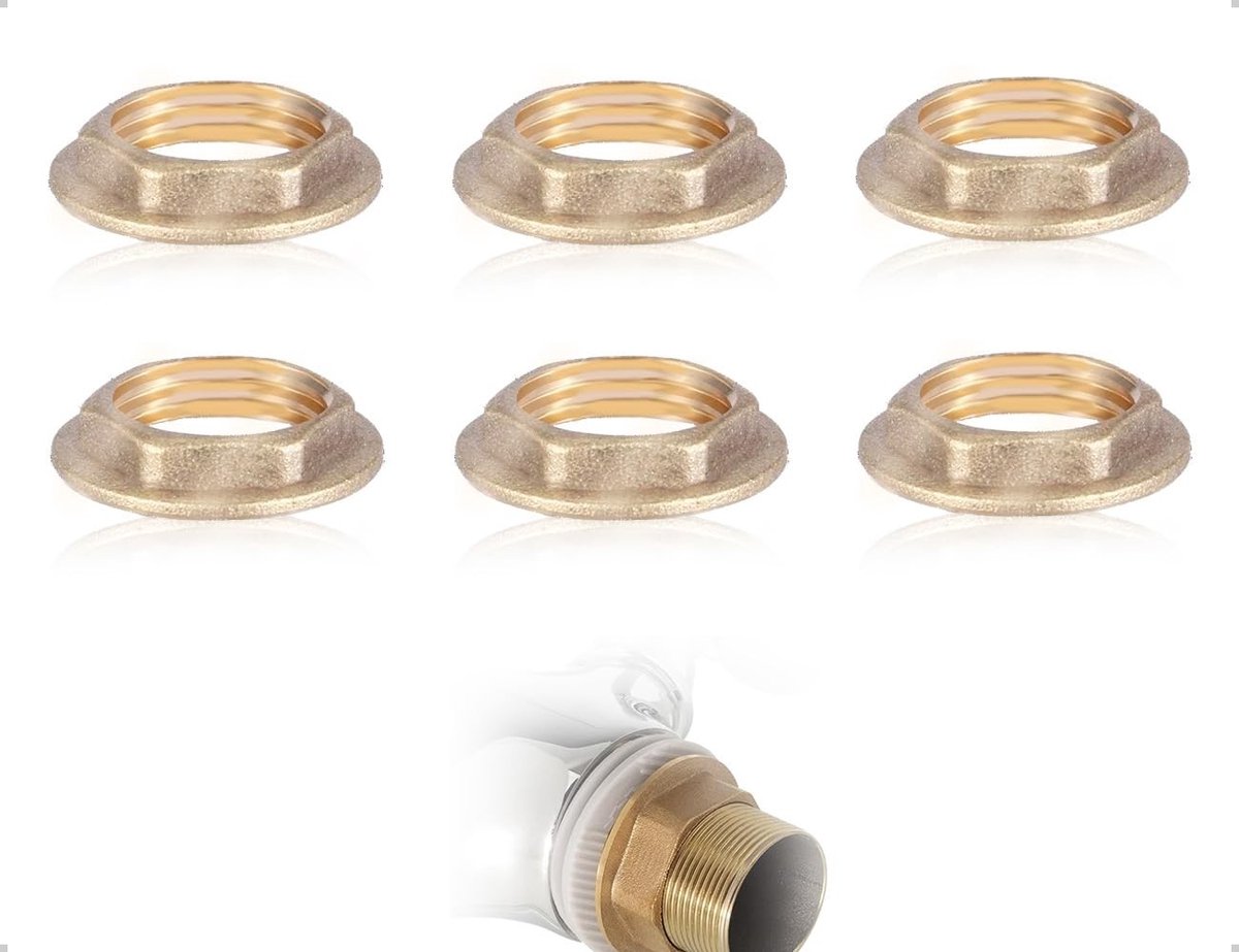 Dailygoods- Zeskantmoeren - 6 Stuks Flensmoeren - Messing - Duurzaam - Roestbestendig - Geschikt voor Sanitair - Flensmoer