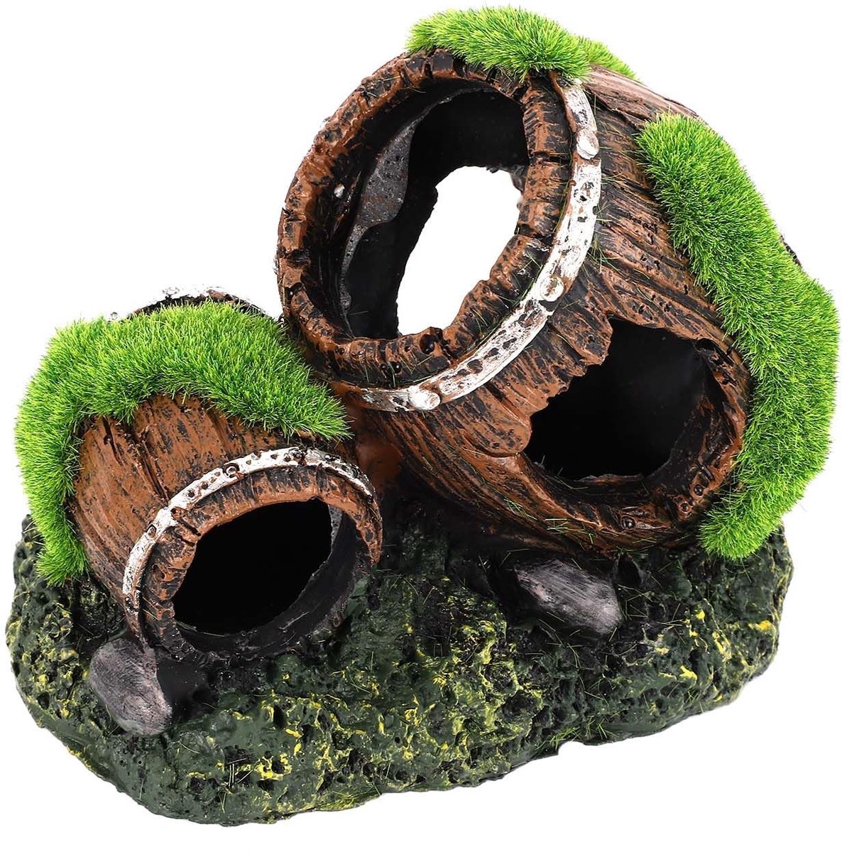 Dailygoods- Aquariumdecoratie Gebroken Vat - Hars Decoratie - Schuilplaats voor Betta - 10x8x6cm - Groen/Bruin - Dubbel Ontwerp met Vals Mos - Aquariumdecor
