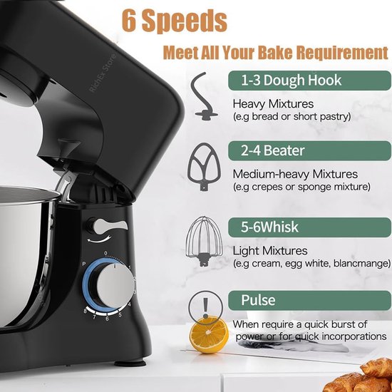 Staande mixer, keuken elektrische mixer met 4,5 Qt kom, 6+ snelheden, 1300W, inclusief deeghaak, platte klopper en draadgarde voor thuis koken — afbeelding 2