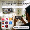 Een man streamt vanaf zijn telefoon een video naar een TV. De meest populaire apps zoals Videoland, Netflix en YouTube worden getoond. "Bluetooth en USB ondersteuning" staat onderaan.
