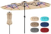 COSTWAY Dubbele parasol 375 x 200 cm, dubbele parasol met led-verlichting op zonne-energie, 12 verlichtingsstanden, 2 oplaadmogelijkheden, tuinparasol met slinger, terrasparasol, marktparasol (beige)