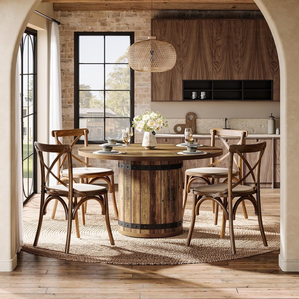 Ronde Landelijke Eettafel 100 cm met Houten Hekwerk Onderstel voor 4 Personen – Ruimtebesp