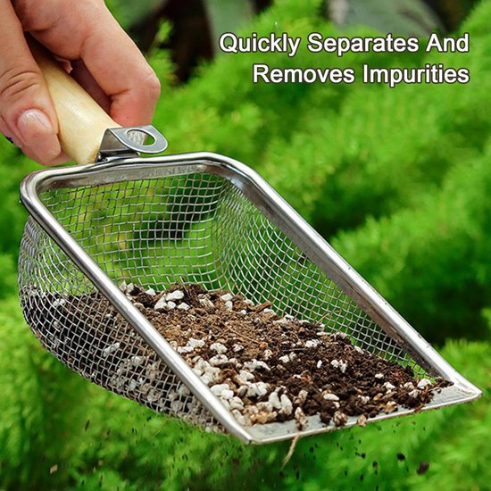 Grondzeef met Handvat - Tuinzeef Compostzeef - Bodem Voorbereiden - Vervormingsvrij Roestvrij Staal - 28 x 10 cm - Zilver — afbeelding 3