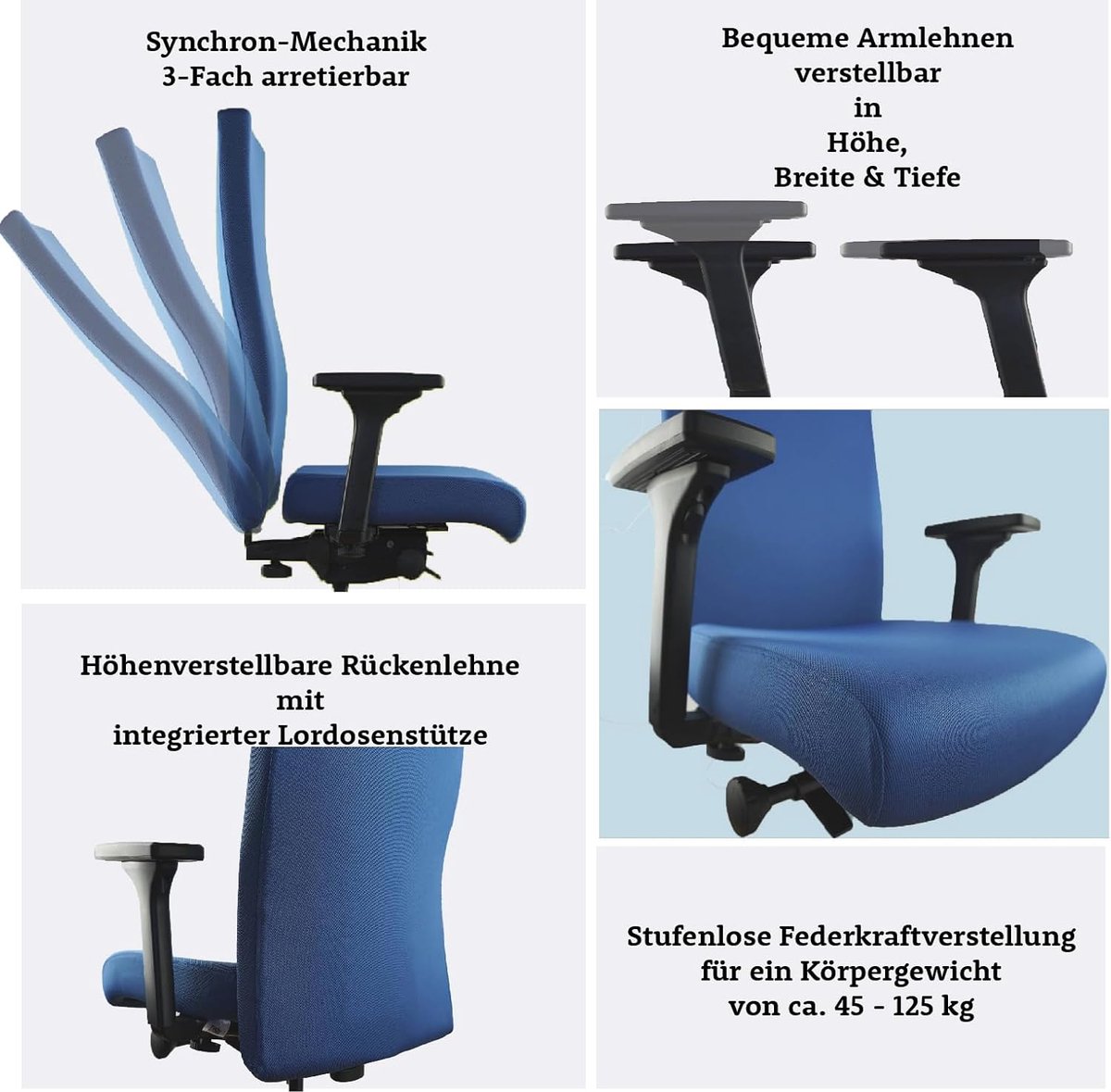 Bureaustoel Ergonomisch met 4D Armleuningen en Verstelbare Rugleuning – House&Garden Elite Comfort Pro Ergonomische Kantoorstoel – Lendensteun, Synchroonmechaniek, Hoge Rugleuning, Draaibaar, Thuiswerkstoel tot 150 kg – Blauw