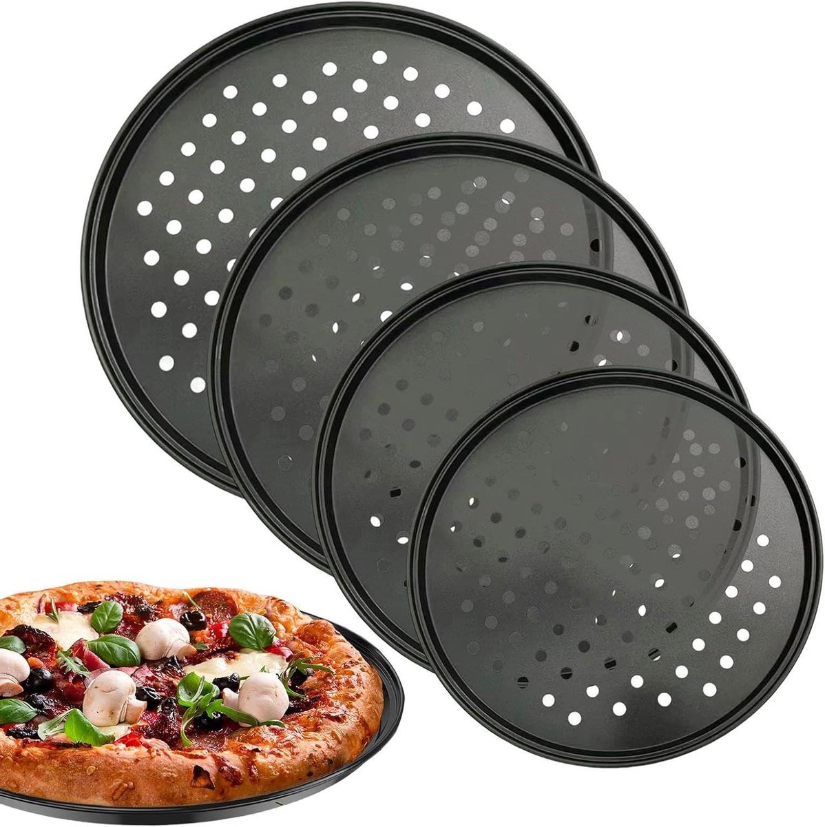 Pizza Bakplaat - Pizzavorm Oven - Pizza Bakken - Antiaanbaklaag Koolstofstaal - 33 cm Diameter - Zwart