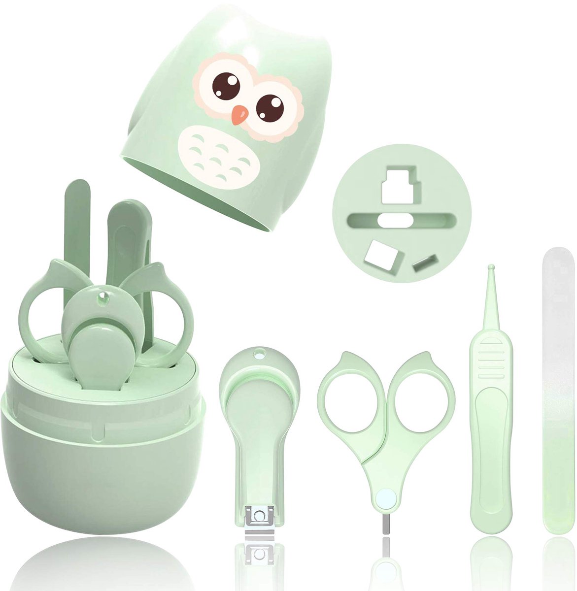 carmdering - Baby Nagelverzorgingsset - Manicurekit Voor Pasgeborenen - Veiligheidsgereedschap - Ronde Uiteinden Voor Bescherming - Compact Reisontwerp - Roestvrij Staal En ABS - Duurzame Uil Verpakking - Ideaal Voor Gevoelige Huid - 4 Delen