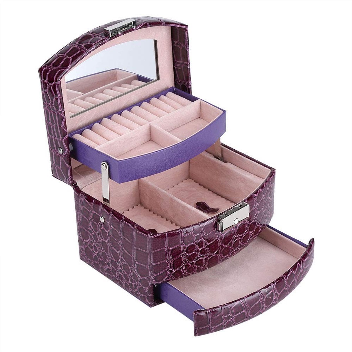 Dailygoods- Sieradenbox - 3 Lagen - PU + Spiegel - Multifunctioneel - Voor Ringen/Earrings/Horloges - Stijlvol Ontwerp - Juwelendoos