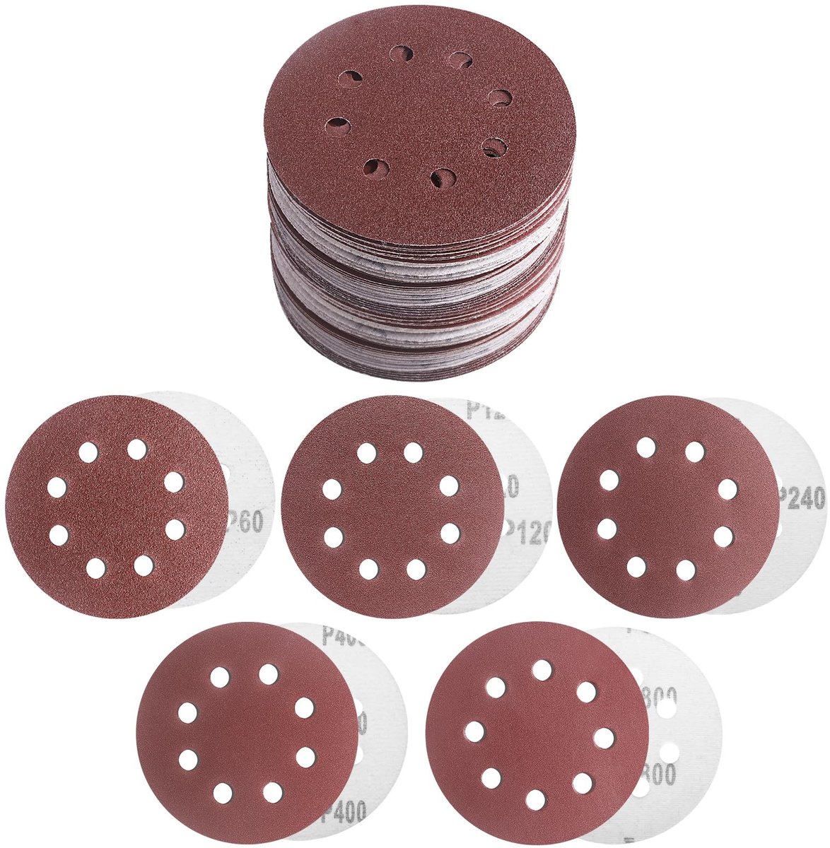 Dailygoods- Schuurschijf 125mm 50 stuks - Schuurpapier set - 8-gaats montageplaat - Geschikt voor hout/metaal - Korrelgrootte 60/120/240/400/800 - Voor polijsten en ontbramen