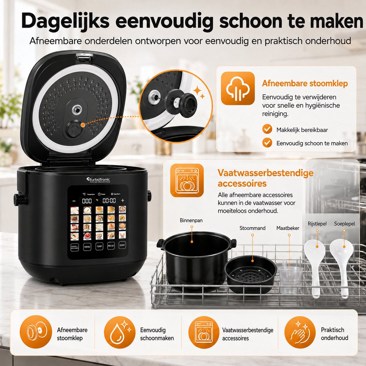 TurboTronic DMC23 Multicooker - Rijstkoker - Stoomkoker- 5 liter - RVS - Zwart thumbnail 5