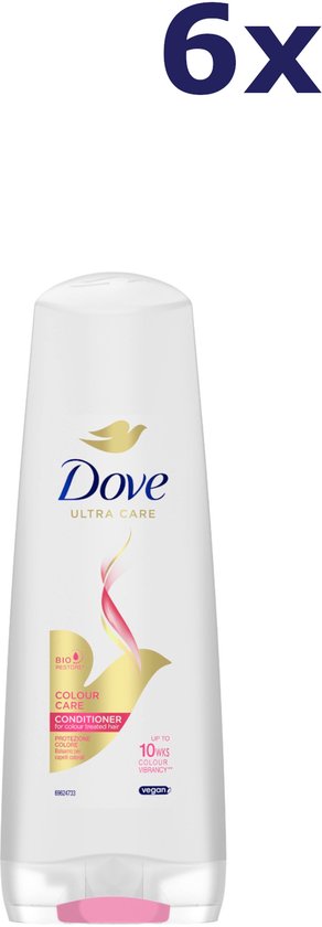 6x Dove Ultra Care Colour Care après-shampoing dans une bouteille blanche avec un bouchon rose. Protège les cheveux colorés.