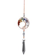 Levensboom hanger met regenboog edelstenen en grijze kristal hanger.