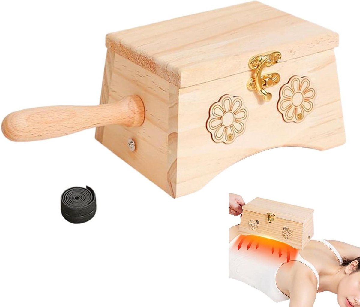 Verwarmende massagebox - Houten massageapparaat - Ontspanning thuis - Ergonomisch met riem - 16 x 12 x 9.5 cm