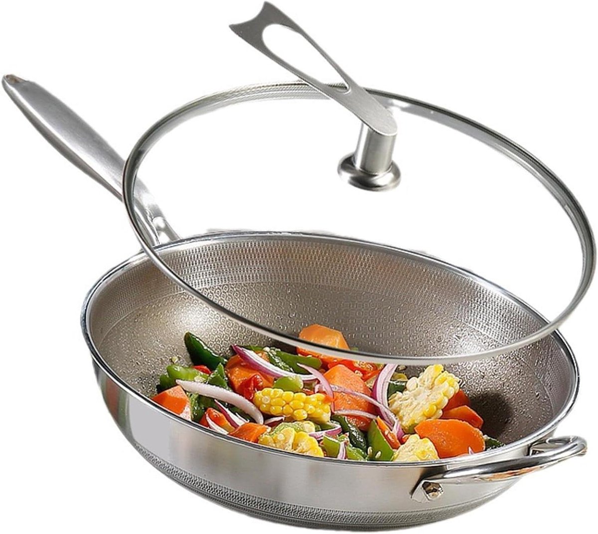 Ongecoate Titanium Wok Roerbakpan Staal Gezond Koken Drie-Laags Constructie 34cm Diameter Zilver