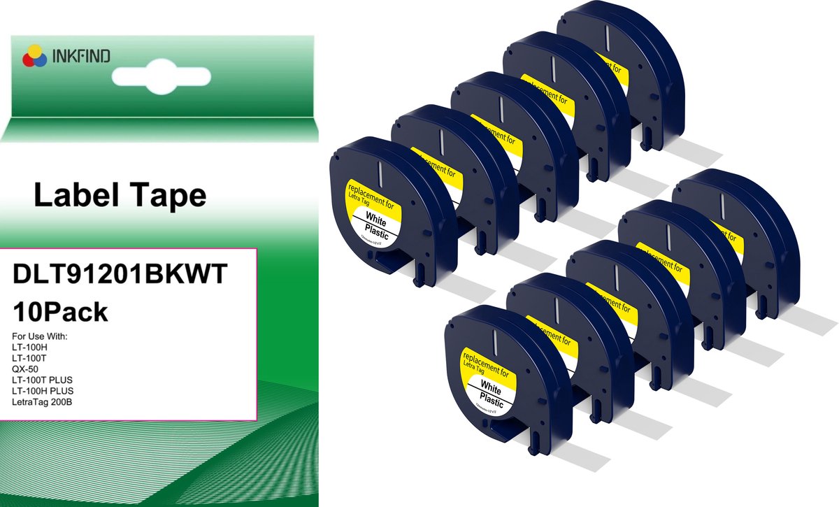 INKFIND Labeltape 91201 91221 plastic 12mm x 4 m zwart wit (10 Pack) Geschikt voor Dymo Labelwriter 91221 91201 S0721660 Label Tape