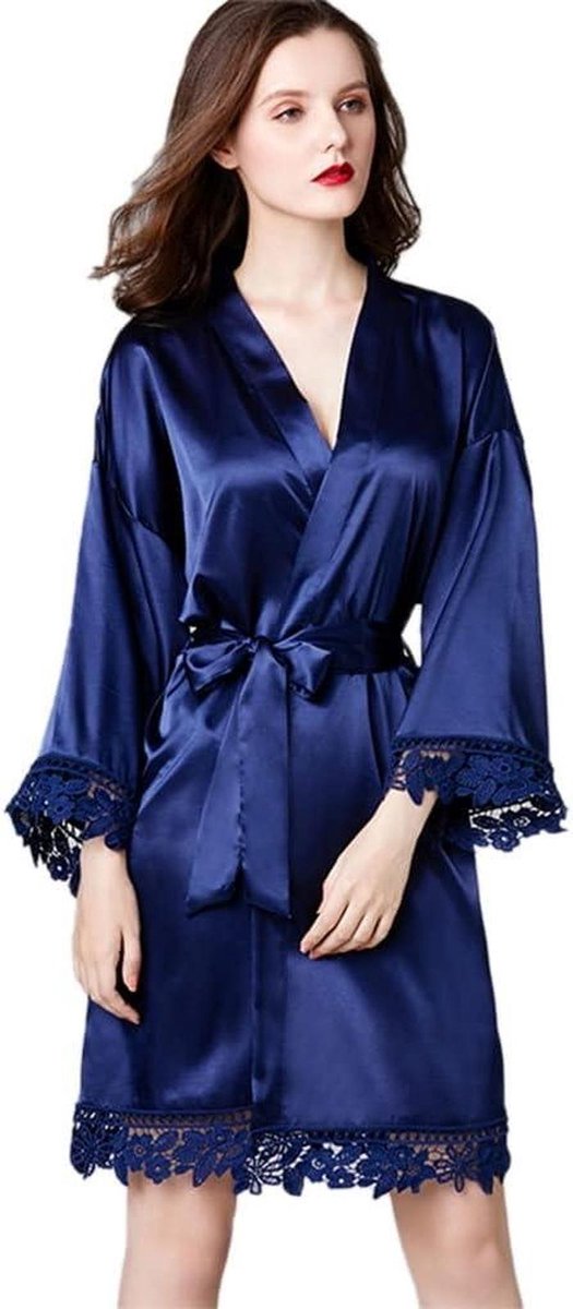 Dames Badjas - Nachtjapon Kimono - Ontspannen Thuis - Zachte IJszijde Stof - Één Maat - Marineblauw