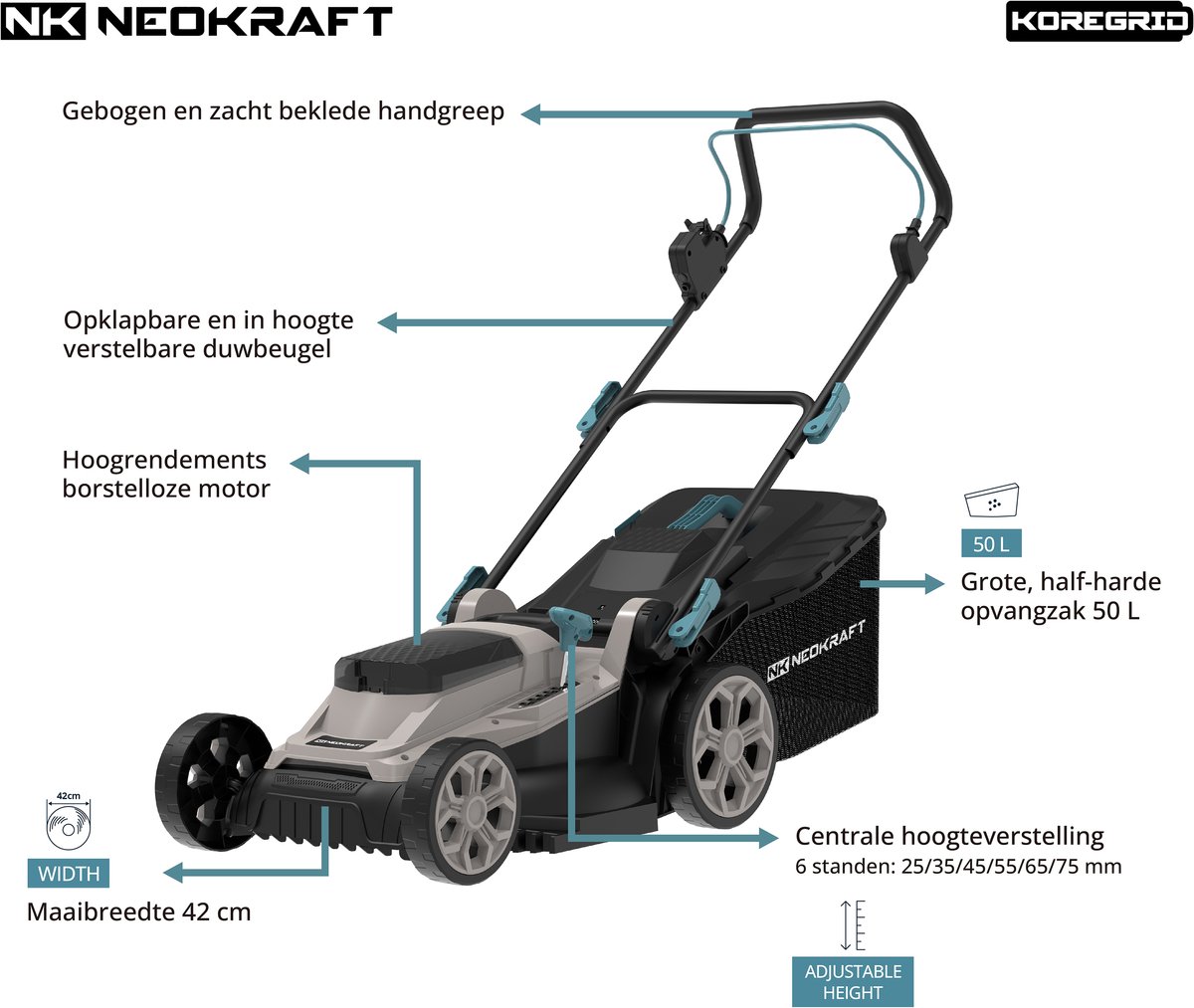 Neokraft - 40V Accu grasmaaier - 42cm maaibreedte - 6 instelbare maaihoogtes - Incl 50L opvangzak - Incl. 40V 4,0Ah accu & lader - Grasmachine – foto 4
