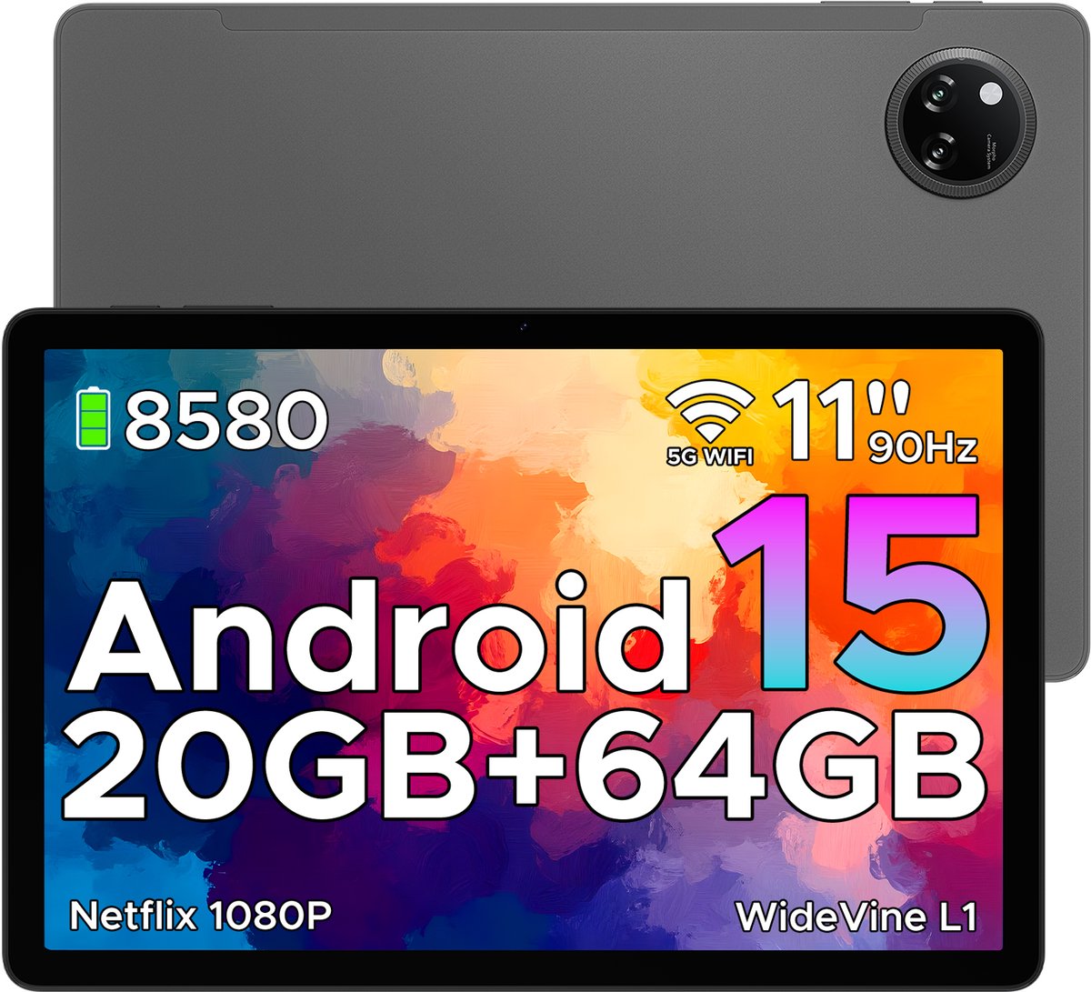 DOOGEE TAB A9+ - Tablet - 20GB RAM + 64GB ROM(2TB/TF) - 11 inth HD IPS 90Hz - Android 15 - 8580 mAh - Unisoc T7200 - 5G WiFi - Dubbele luidsprekers- Face ID - Grijs