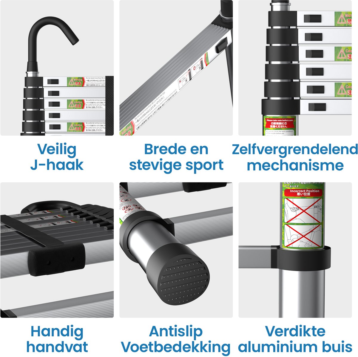 FelixKing aluminium telescopische ladder met stabiele haak, inklapbare ladder van 2,6 tot 5 meter met antislipvoetjes, lichtgewicht draagbare uitschuifladder voor huishoudelijk en buitengebruik, draagvermogen van 136 kg voor thuis, zolder en vliering – foto 2