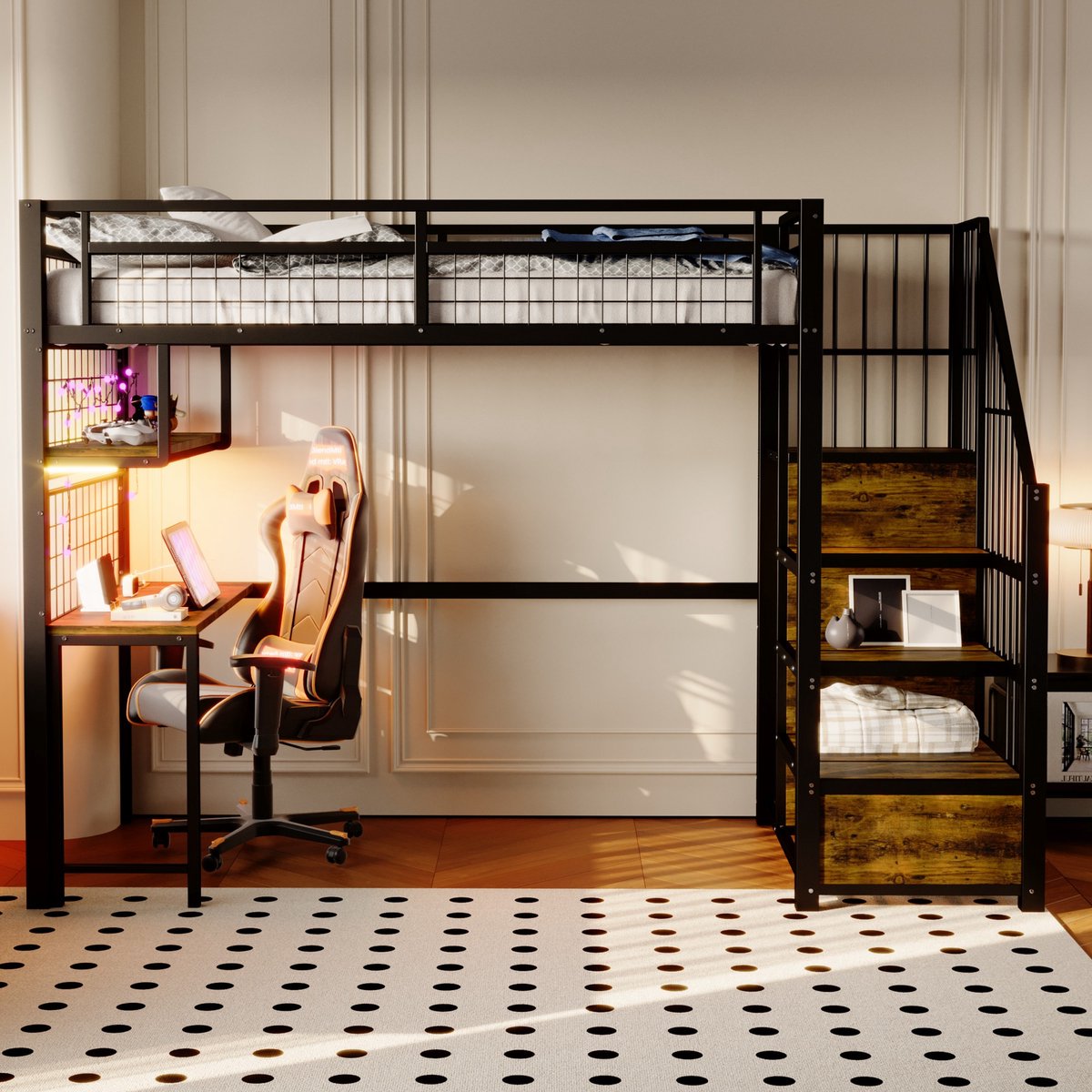 VVBV Hoogslaper 90x200 cm met Opbergtrap, Planken - Kledingkast, Bureau, LED-Verlichting, Opbergruimte - Metaal Zwart Black