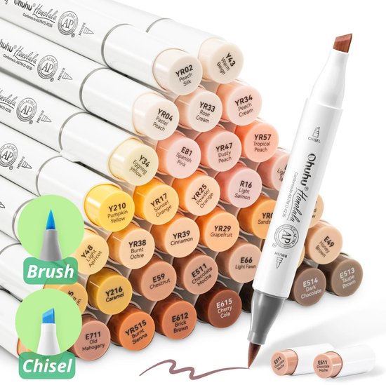 Ohuhu - Honolulu Brush & Chisel - Alcohol Art Markers - 36 Skin Tone kleuren