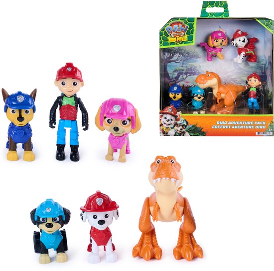 Drie Paw Patrol figuren met dinosaurus-thema: Chase, Skye en een T-Rex. Daarnaast Ryder, een ander Paw Patrol figuur en een diorama van de film.