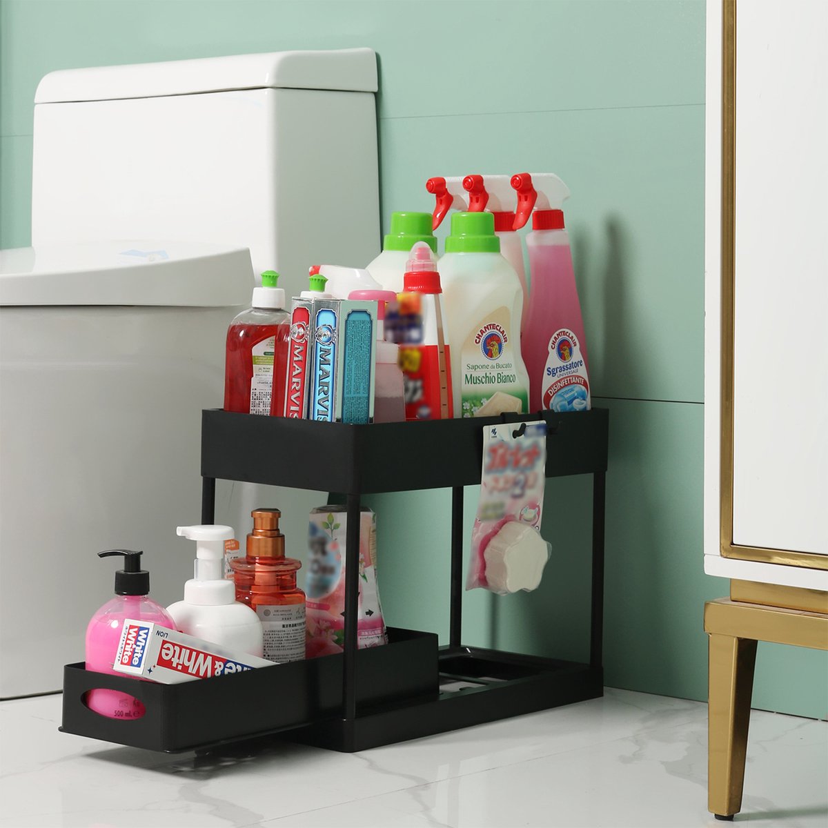 DAITORE Keukenkast Organizer - 2-laags - Gootsteenkast Organizer met 4 haken - Schuiflade - Uitschuifbare - Badkamer & keukenkast - Schoonmaakmiddelen - wasmiddel douchegel - Badkamer Organizer
