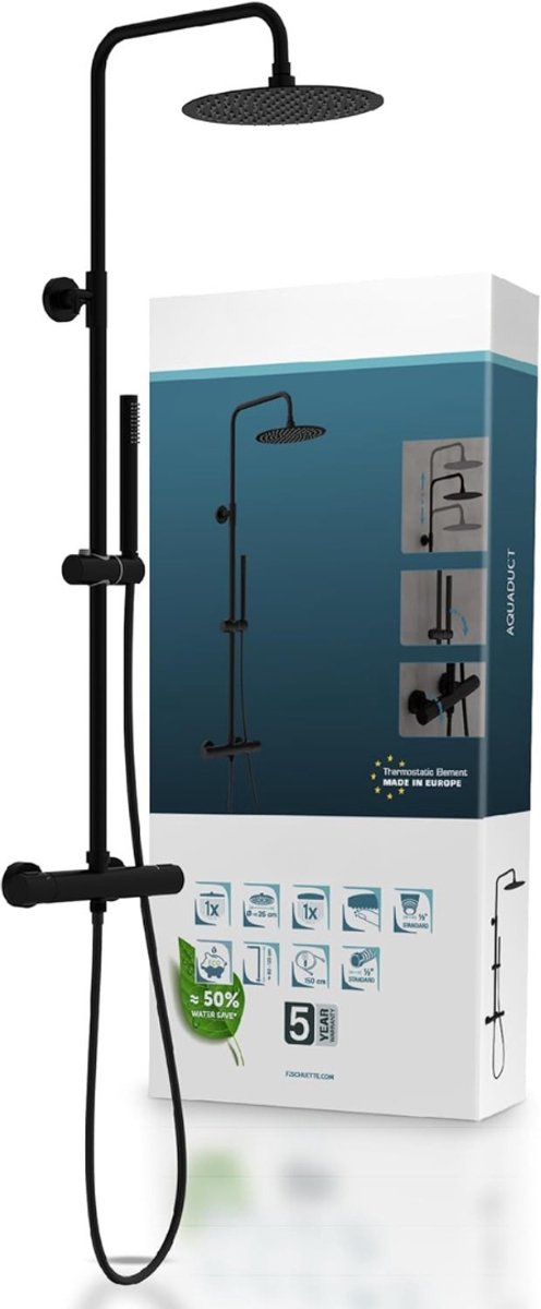 QUOVO® Douchepaneel met Thermostaatkraan - Douchepaneel - Regendouche met Thermostaatkraan - Zwart - 34cm x 28cm x 127cm