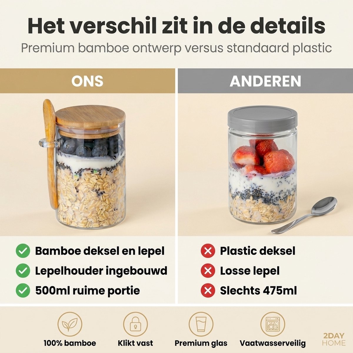2DayHome Overnight Oats Potjes Glas - Set van 4 met Bamboe Deksel en Lepel - 500 ml - Luchtdicht - Muesli Beker - Yoghurtbeker - Lunchpot - Havermout Ontbijtpotjes - Meal Prep Glazen Voorraadpotten met Deksel - Incl. Receptenboek — cadeau in Kookcadeaus - foto 7