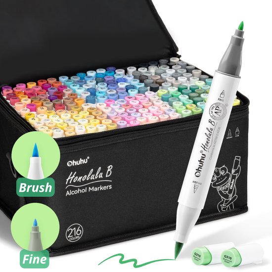 Ohuhu - Honolulu B Brush & Fine - Alcohol Art Markers - 216 kleuren