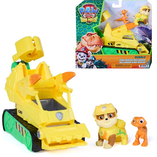 PAW Patrol le film Dino, bulldozer Dino Rescue de Rubble avec action de morsure et une griffe mobile, 2 figurines et un véhicule