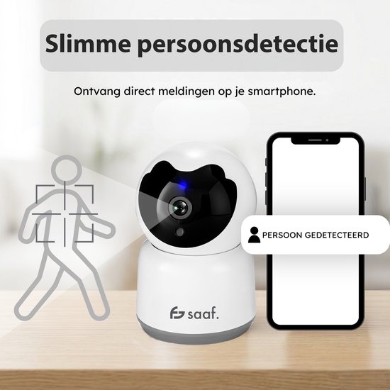 Beveiligingscamera binnen - Huisdiercamera met app - Full HD en Nachtzicht - Wifi en 64GB SD-kaart - Volgt beweging en geluidsdetectie - Wit - Saaf — afbeelding 5