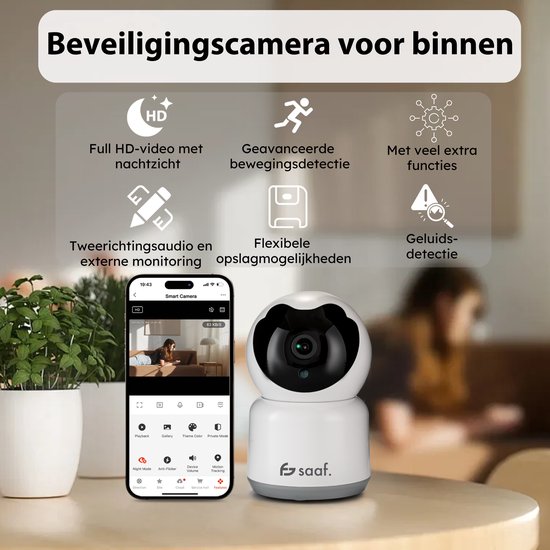 Beveiligingscamera binnen - Huisdiercamera met app - Full HD en Nachtzicht - Wifi en 64GB SD-kaart - Volgt beweging en geluidsdetectie - Wit - Saaf — afbeelding 4