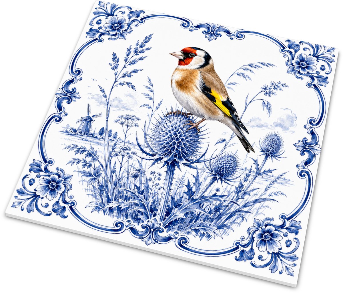 Delft Blue Series - Tegeltje met Putter of Distelvink Carduelis carduelis - Aquarel en Gou