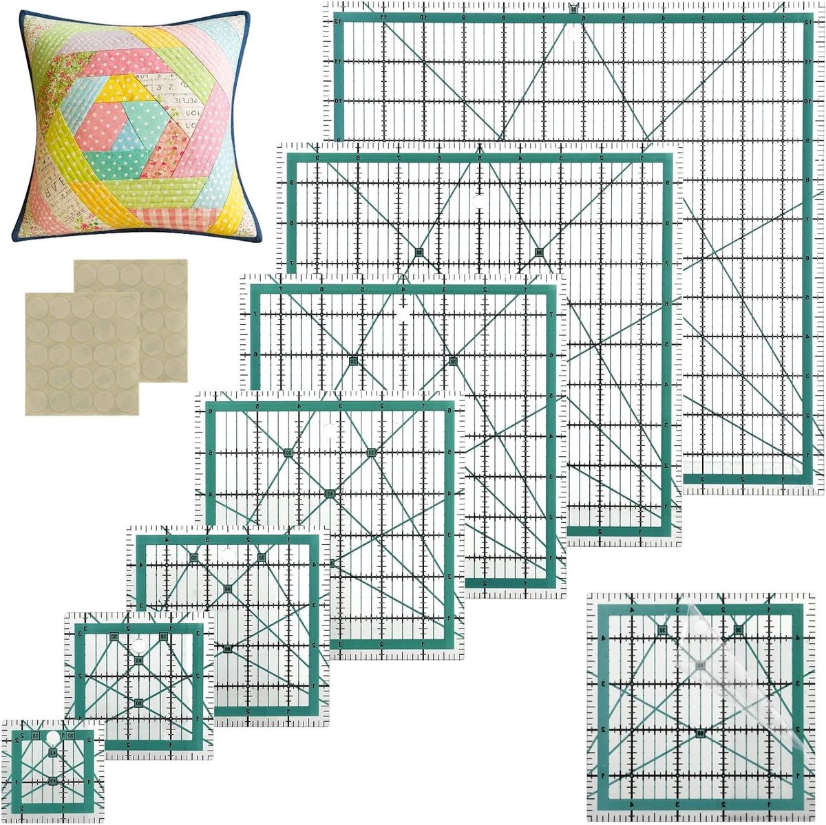 Quiltlinialen Set - Snijlinialen Naaien - Nauwkeurig Snijden - Antislip Pads - 7 Maten - Blauw