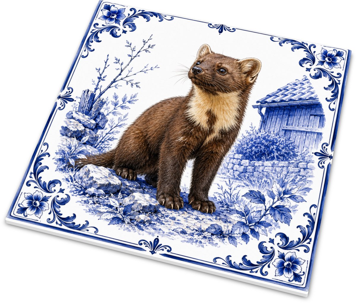 Delft Blue Series Tegeltje - Steenmarter (Martes foina) - Hollands Erf Decoratie - Glanzen