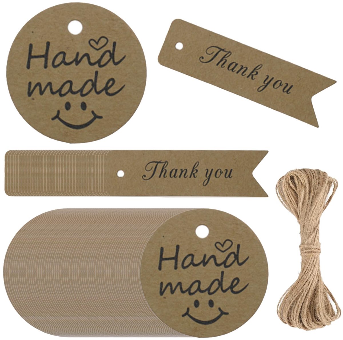 Dailygoods- Etiketten 100 stuks - Kraftpapier - Cadeaulabels - Jute koord 5 m - Gastgeschenken - Kunsthandwerk - Uniek design - Cadeaukaartjes