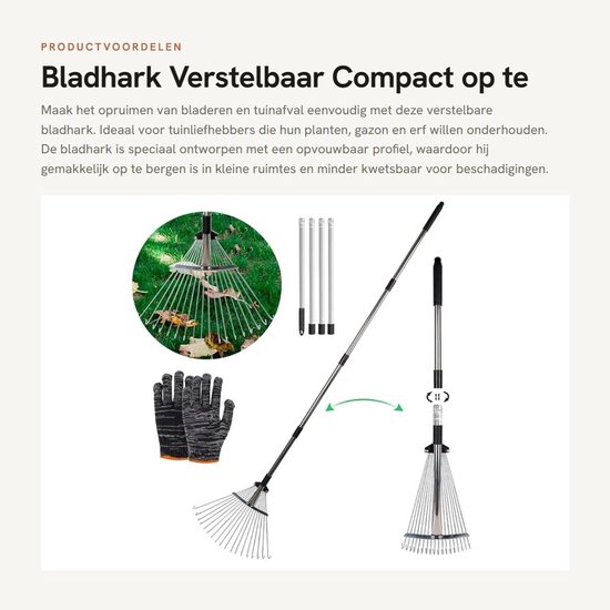 Dailygoody - Bladhark - Verstelbaar - Compact op te bergen - Metalen tuinhark - Geschikt voor gazon en erf - Inclusief handschoenen van Merkloos	 — afbeelding 5