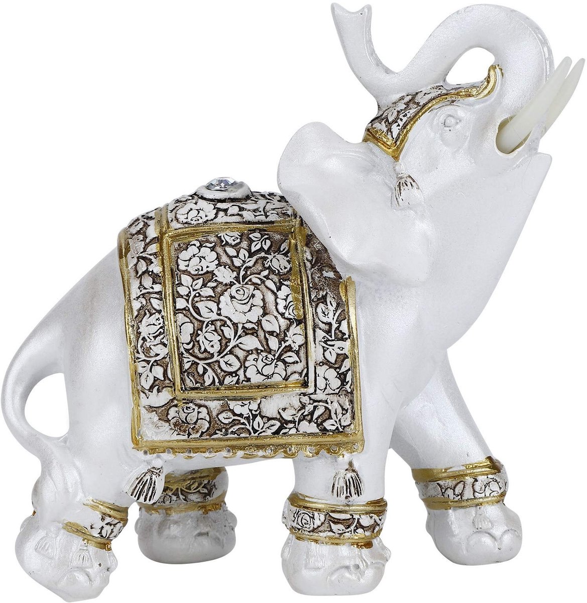 Dailygoods- Olifant Beeldje Hars - Feng Shui Sculptuur - Gouden Bloem Porselein - Decoratie voor Thuiskantoor - Afmetingen 11x4,5x11cm - Rijkdom en Geluk - Decoratiebeeldje