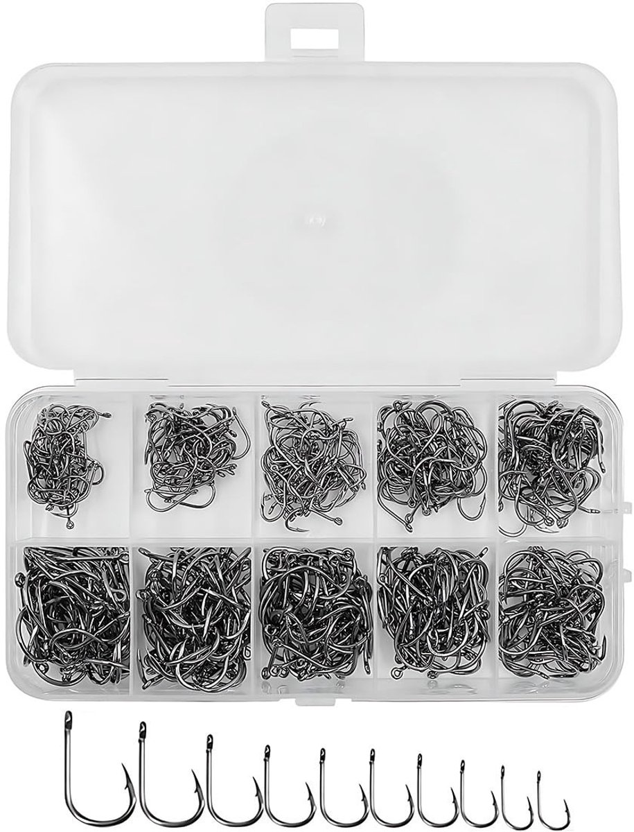 Dailygoods- Vishaken 300 Stuks - Koolstofstaal - Weerhaken - Voor Zoetwater/Zee - Opbergdoos - 10 Maten - Visgerei