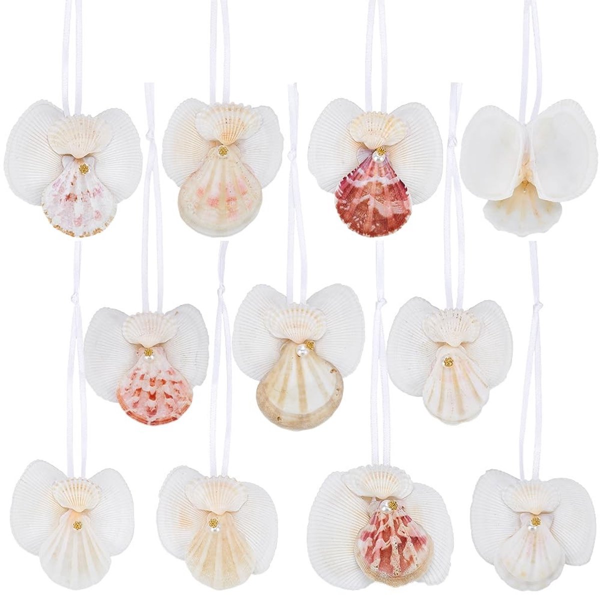 Dailygoods- Engel Ornament 10 Stuks - Witte Parel Schelp Ornamenten - Kerstdecoratie - Stranddecoratie - Hanger 60-70 mm - Afmetingen 20-22,5 cm